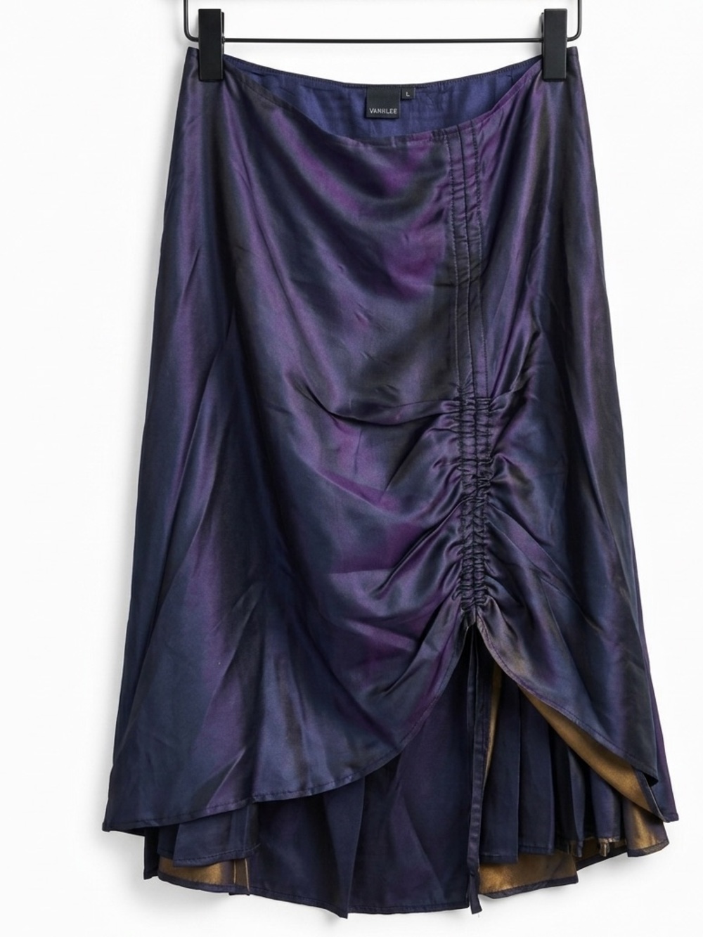 VANKLEE 100% Silk Iridescent Ruched Midi Skirt Navy Blue Gold Size L